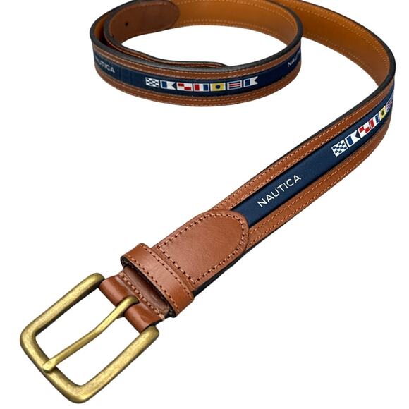 Nautica Vintage Brown Leather Blue Flag Logo 1" Wide Casual Belt Men 42" - Picture 1 of 11